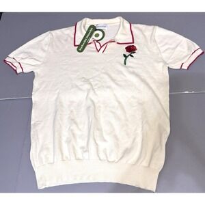 Oxknit Store Mens XL Polo Shirt Vintage Style Off White Rose Embroidery New